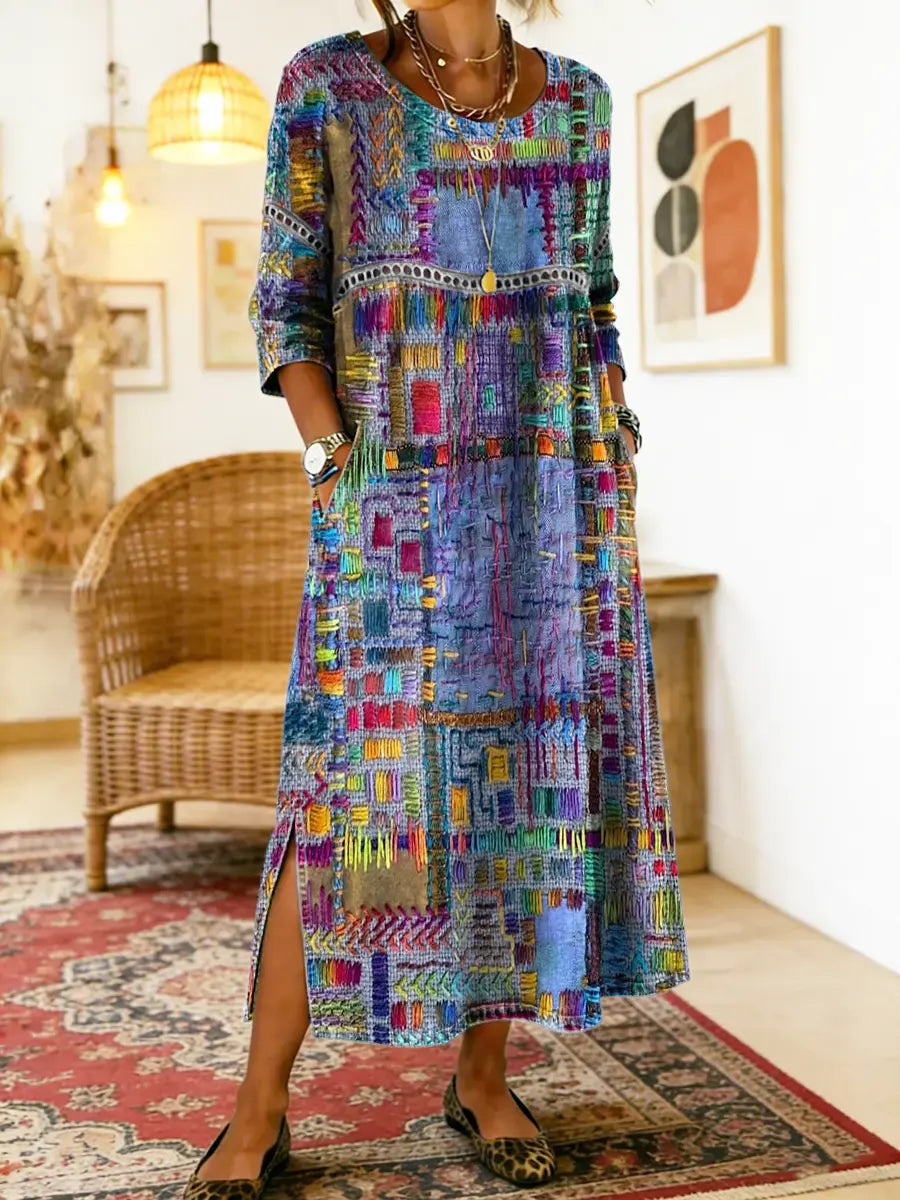 Celeste | Vestido con Patchwork Étnico