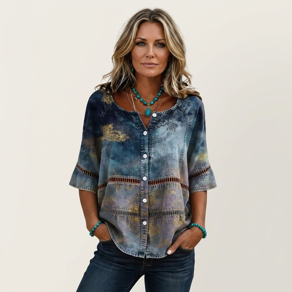 Remedios | Blusa Efecto Vaquero con Calados y Flores Doradas