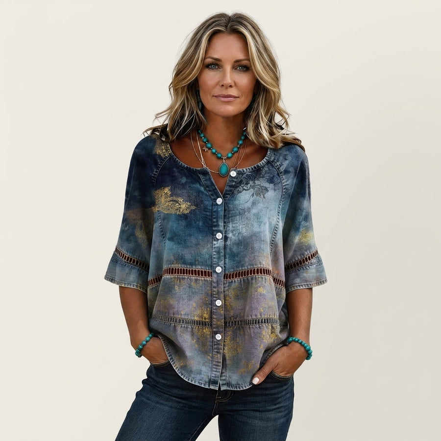Remedios | Blusa Efecto Vaquero con Calados y Flores Doradas