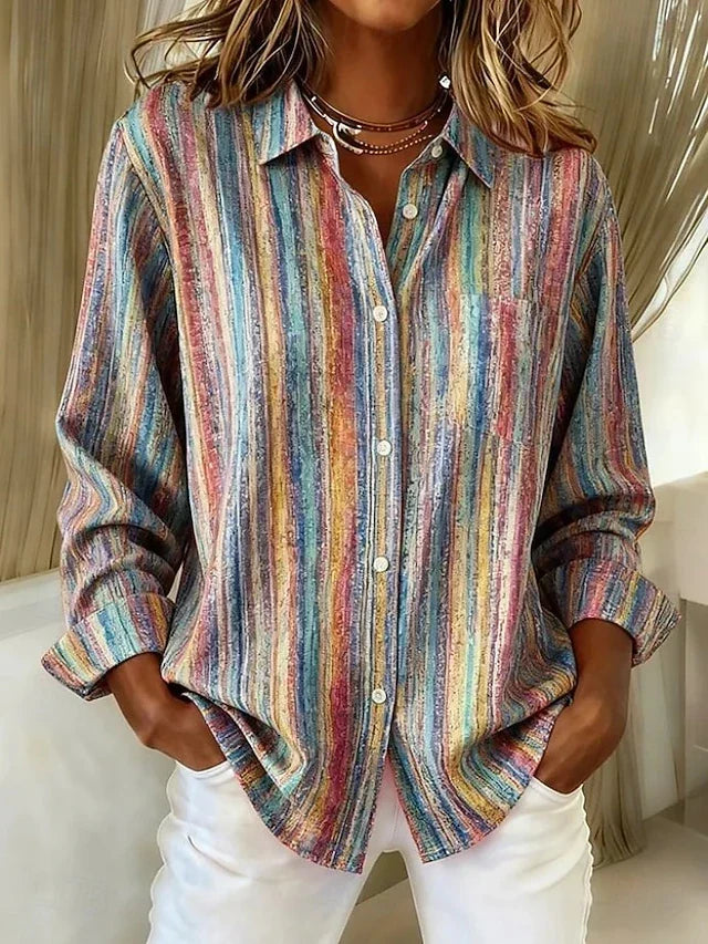 Itziar | Blusa Vintage de Rayas Multicolor con Botones